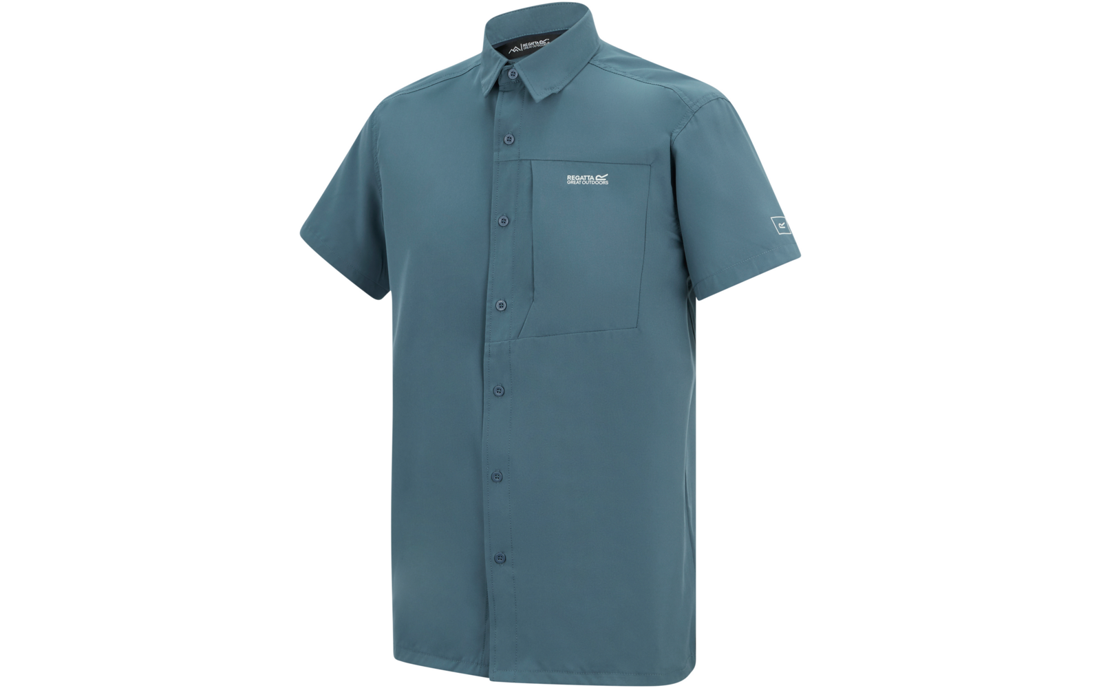 Kurzärmliges, knöpfbares blaugrünes Hemd mit einer Brusttasche und kleinem weißen Logo auf der Tasche