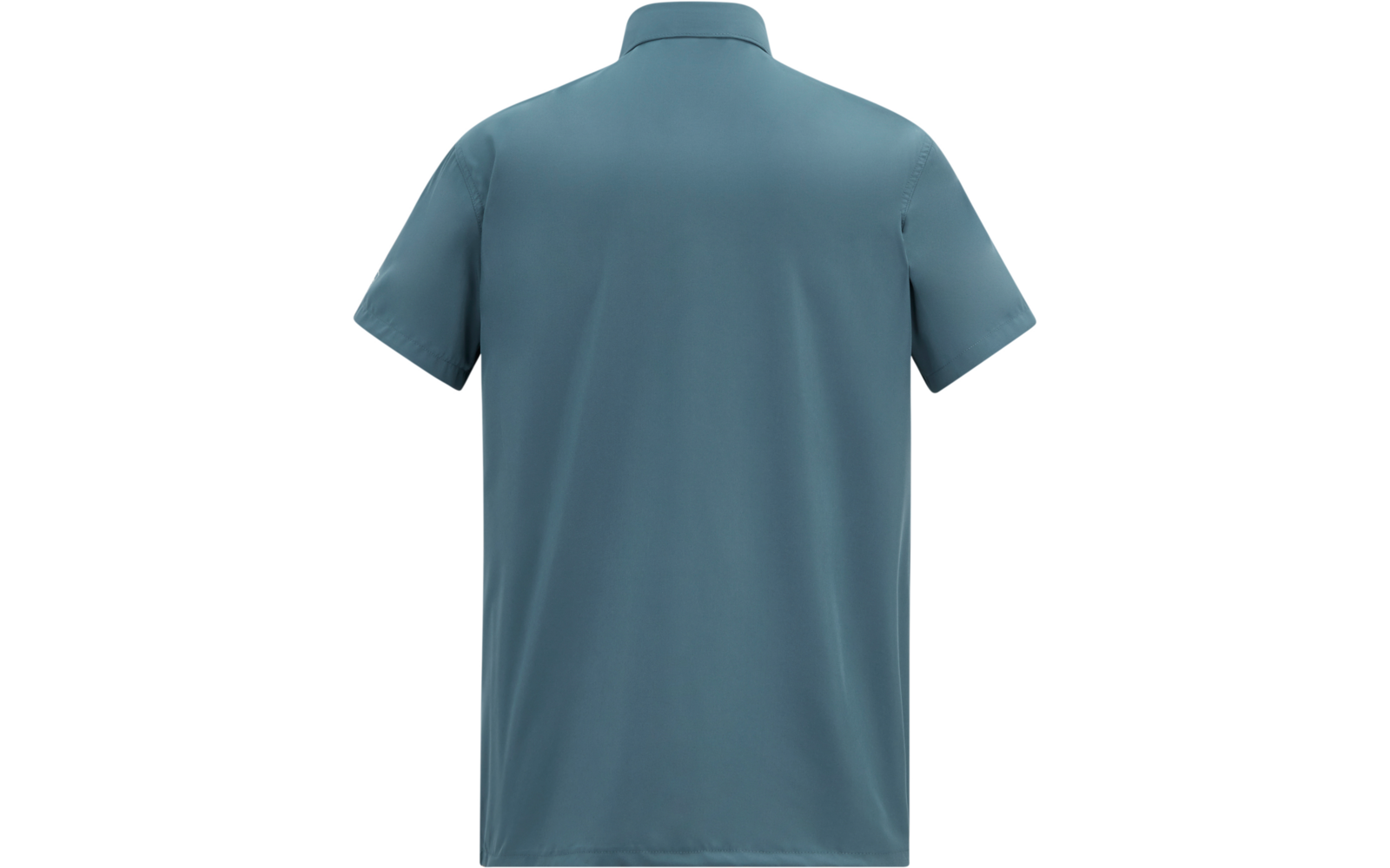 Rückansicht eines kurzärmligen, einfarbigen Hemds mit Kragen in blaugrün
