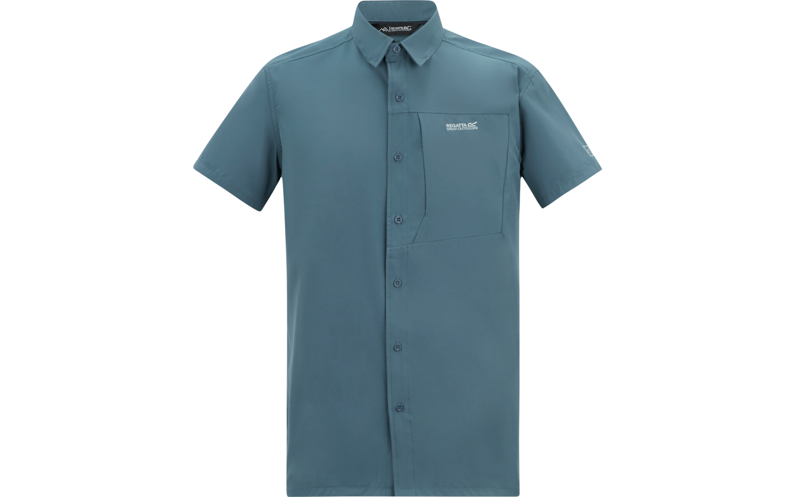 Kurzärmeliges blaugrünes Hemd mit Kragen, durchgehender Knopfleiste und Brusttasche links mit weißer Beschriftung