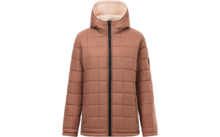 Giacca trapuntata beige-marrone con cappuccio, cerniera centrale nera, fodera chiara visibile nel cappuccio e tasche laterali con zip, su sfondo bianco