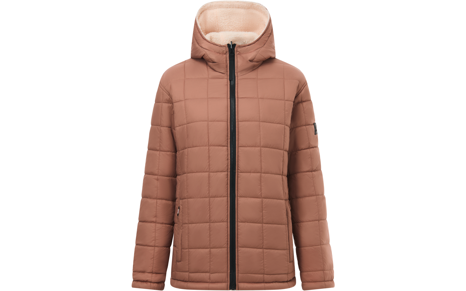 Giacca trapuntata beige-marrone con cappuccio, cerniera centrale nera, fodera chiara visibile nel cappuccio e tasche laterali con zip, su sfondo bianco