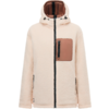 Giacca in pile sherpa color crema con cappuccio, cerniera centrale nera, taschino sul petto marrone chiaro con cerniera verticale e due tasche laterali con zip