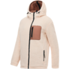 Giacca in pile beige chiaro con cappuccio, cerniera centrale nera, tasca sul petto marrone con cerniera nera e due tasche laterali con cerniera
