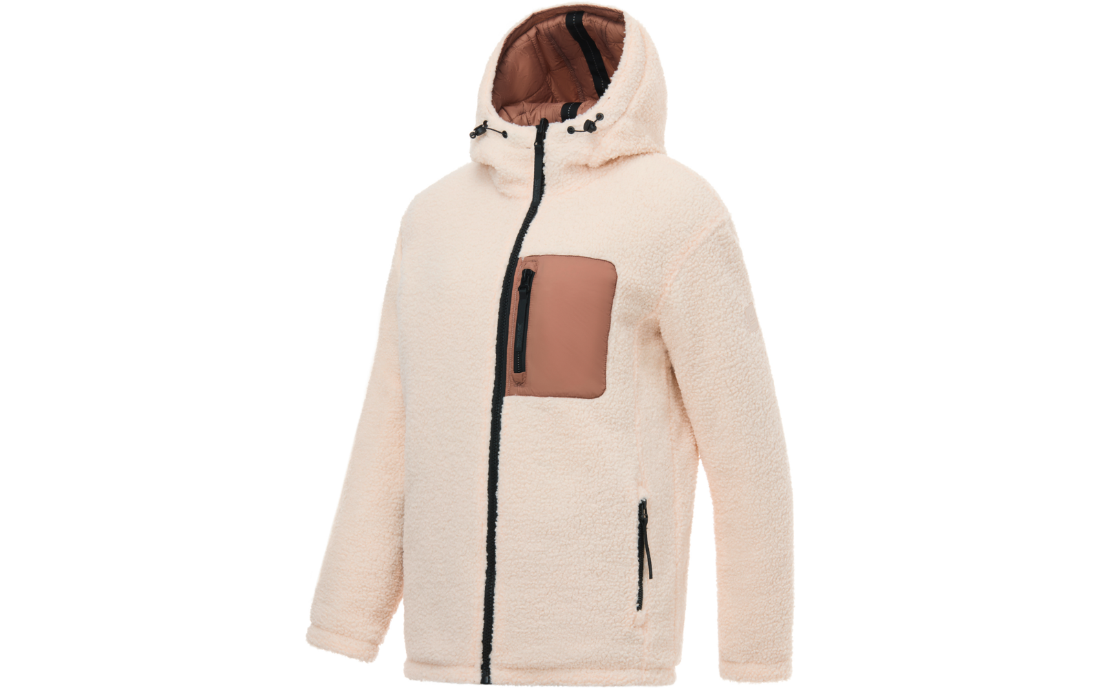 Giacca in pile beige chiaro con cappuccio, cerniera centrale nera, tasca sul petto marrone con cerniera nera e due tasche laterali con cerniera