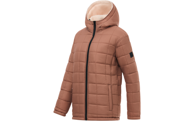 Giacca trapuntata marrone con cappuccio, cerniera nera frontale, due tasche laterali, fodera chiara nel cappuccio e toppa nera sulla manica