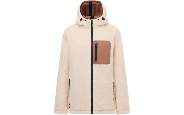 Giacca in pile sherpa color crema con cappuccio, cerniera centrale nera, taschino sul petto marrone chiaro con cerniera verticale e due tasche laterali con zip