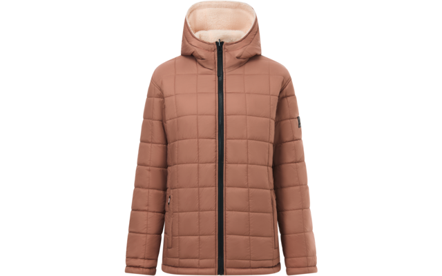 Giacca trapuntata beige-marrone con cappuccio, cerniera centrale nera, fodera chiara visibile nel cappuccio e tasche laterali con zip, su sfondo bianco