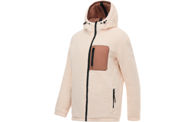 Giacca in pile beige chiaro con cappuccio, cerniera centrale nera, tasca sul petto marrone con cerniera nera e due tasche laterali con cerniera