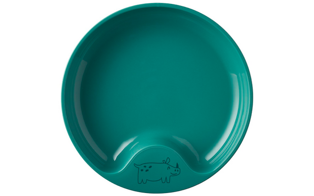 Rundlicher grüner Teller mit kleinem Ausguss und Stier-Logo