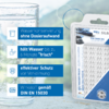 Emballage de produit avec comprimés de nettoyage bleus, texte et graphiques