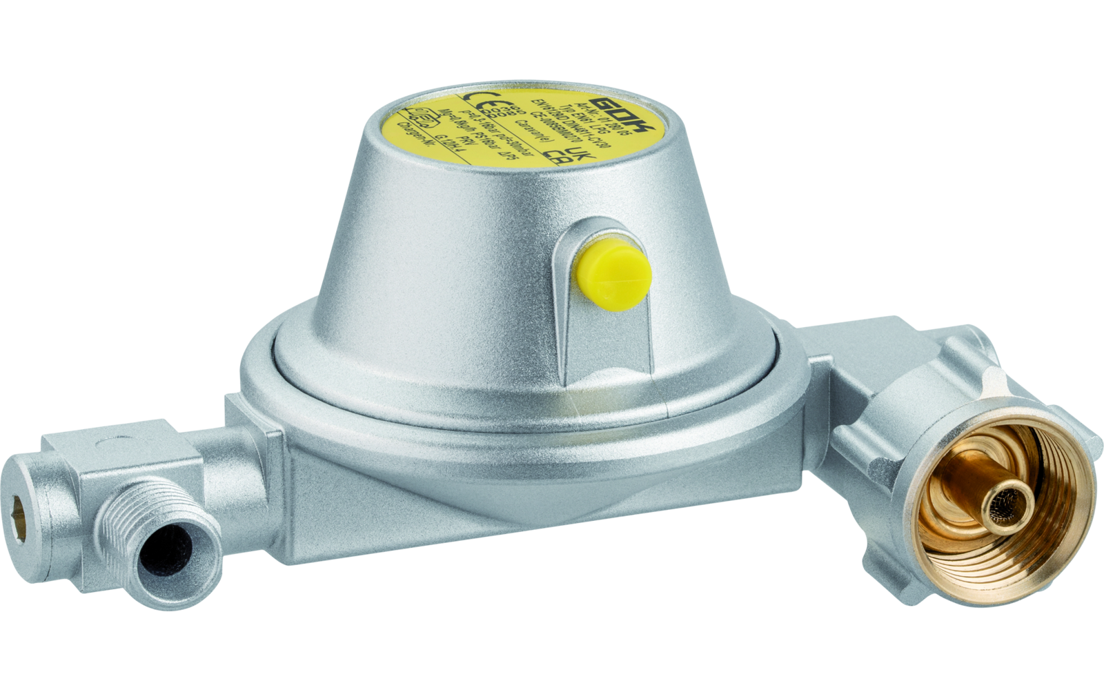 Silbernes rundes Metallgehäuse mit gelbem Aufkleber oben, kleinem gelben Knopf an der Seite und drei Anschlussstücken, eines mit sichtbar messingfarbenem Innengewinde
