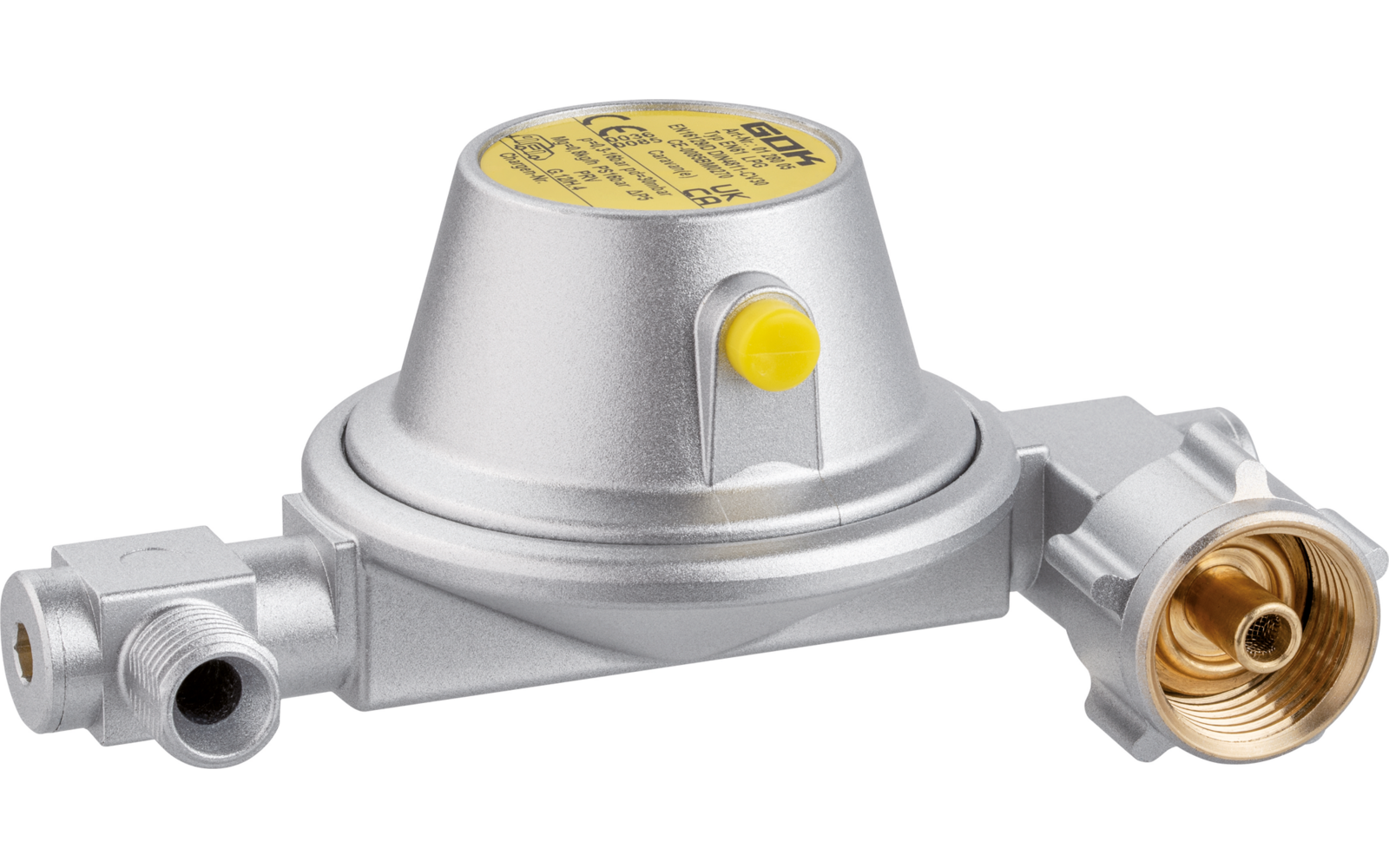 Silbernes rundes Metallgehäuse mit gelbem Aufkleber oben, kleinem gelben Knopf an der Seite und drei Anschlussstücken, eines mit sichtbar messingfarbenem Innengewinde