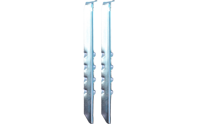 Zwei längliche silberne Metallprofile nebeneinander, mit runden Ausbuchtungen an der Kante und blauem, gebogenem oberen Ende