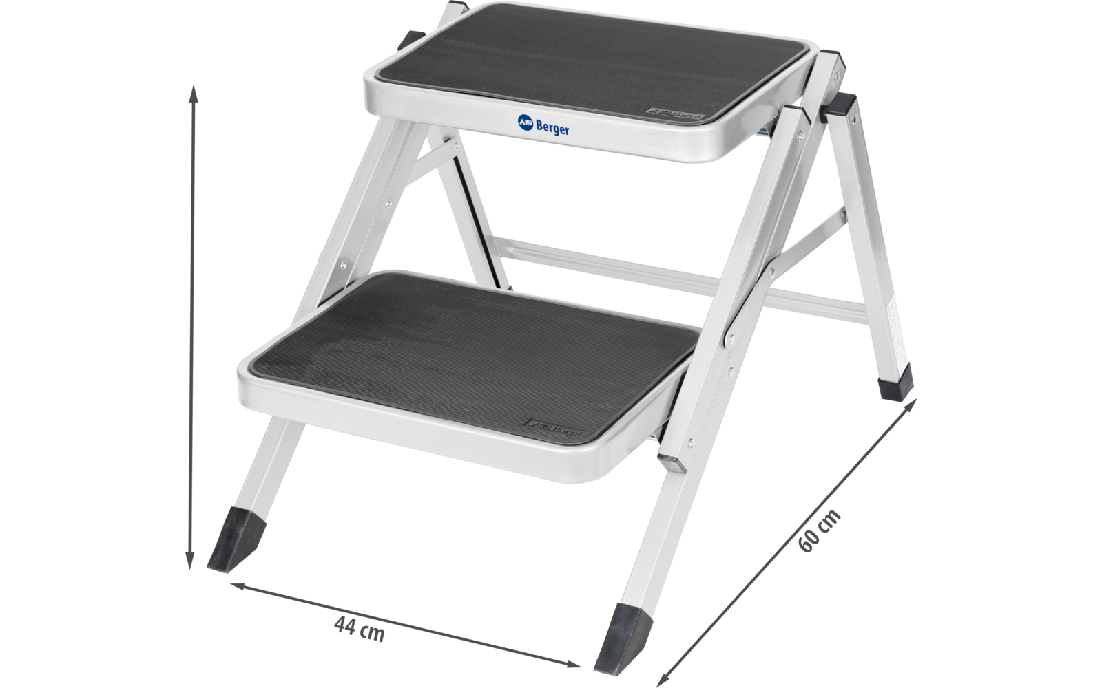 Zwei Stufen-Trittleiter aus Metall mit schwarzen rutschfesten Auflagen und Maßen in Zentimetern