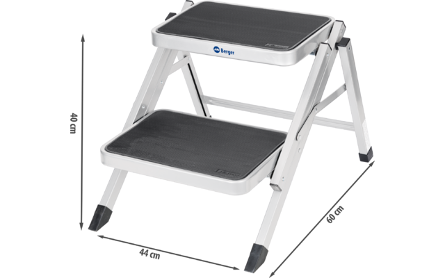 Zwei Stufen-Trittleiter aus Metall mit schwarzen rutschfesten Auflagen und Maßen in Zentimetern