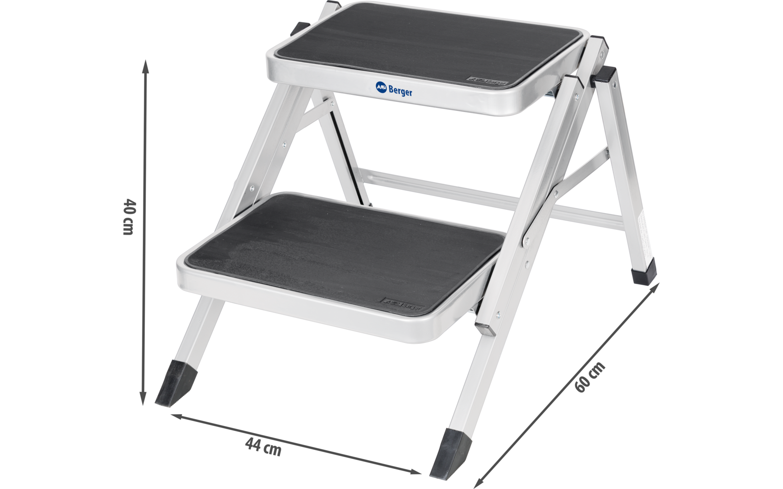 Zwei Stufen-Trittleiter aus Metall mit schwarzen rutschfesten Auflagen und Maßen in Zentimetern