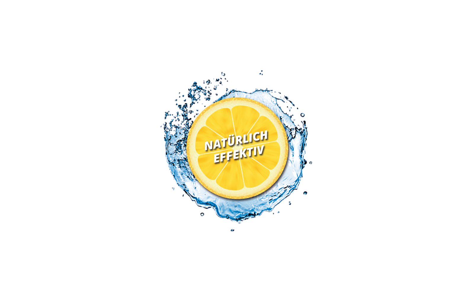 Zitronenscheibe mit weißer Aufschrift 'NATÜRLICH EFFEKTIV' in der Mitte, umgeben von Wasserspritzern