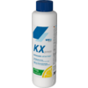 Weiße Kunststoffflasche mit blauem Schraubverschluss. Auf dem Etikett großer Schriftzug "KX press", darunter "ENTKALKER | DÉTARTRANT" und eine Zitronenscheibe