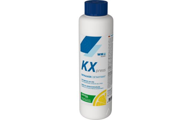Weiße Kunststoffflasche mit blauem Schraubverschluss. Auf dem Etikett großer Schriftzug "KX press", darunter "ENTKALKER | DÉTARTRANT" und eine Zitronenscheibe