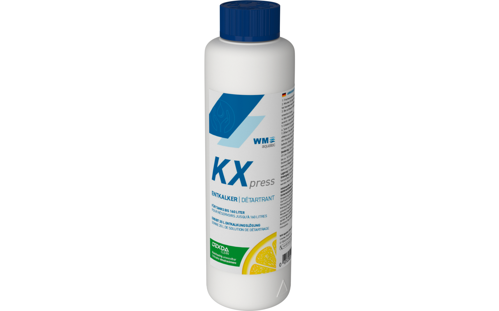 Weiße Kunststoffflasche mit blauem Schraubverschluss. Auf dem Etikett großer Schriftzug "KX press", darunter "ENTKALKER | DÉTARTRANT" und eine Zitronenscheibe
