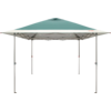 Quadratischer Sonnenschutz mit türkisfarbenem Dach, weißem Rand und vier grauen Metallbeinen