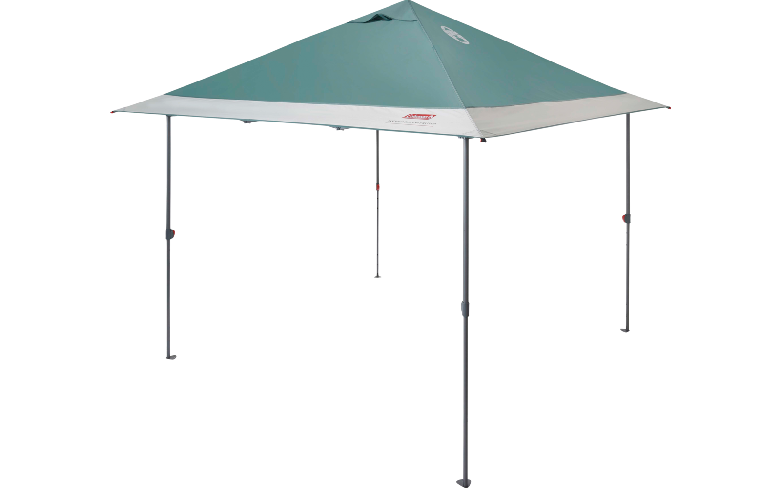 Grünes Zeltdach mit weißem Rand, getragen von vier schlanken dunklen Metallstangen und einem vierseitigen Spitzdach