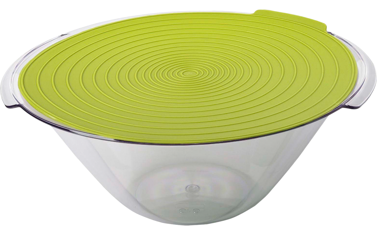 Bol en plastique transparent avec couvercle en silicone vert citron à rainures concentriques et deux petites poignées latérales