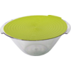 Bol en plastique transparent avec couvercle en silicone vert citron à rainures concentriques et deux petites poignées latérales