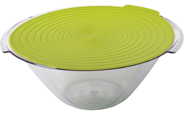 Bol en plastique transparent avec couvercle en silicone vert citron à rainures concentriques et deux petites poignées latérales