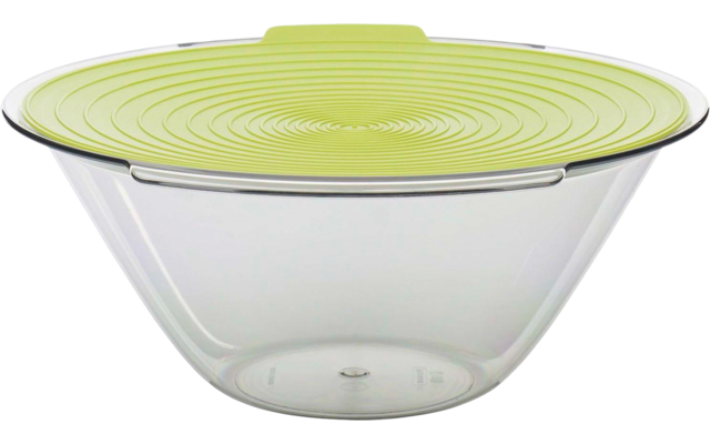 Bol transparent avec couvercle plat vert clair à anneaux concentriques et clips argentés sur le bord