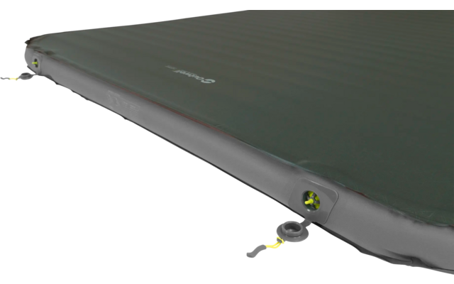 Close-up van een grijze rechthoekige luchtmatras met een grijs ventiel