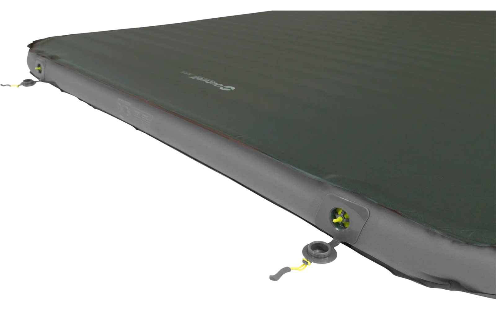 Close-up van een grijze rechthoekige luchtmatras met een grijs ventiel