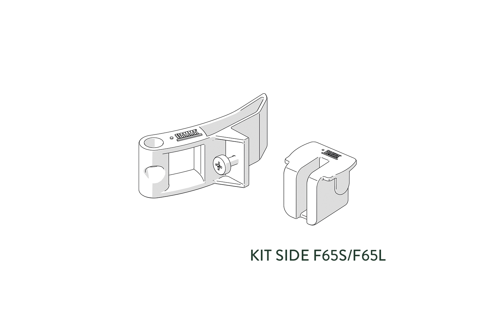 Strichzeichnung zweier nebeneinander angeordneter Bauteile; links ein größeres gebogenes Teil mit sichtbarer Schraube und rechteckigem Ausschnitt, rechts ein kleineres rechteckiges Teil mit zwei seitlichen Schlitzen; darunter der Text 'KIT SIDE F65S/