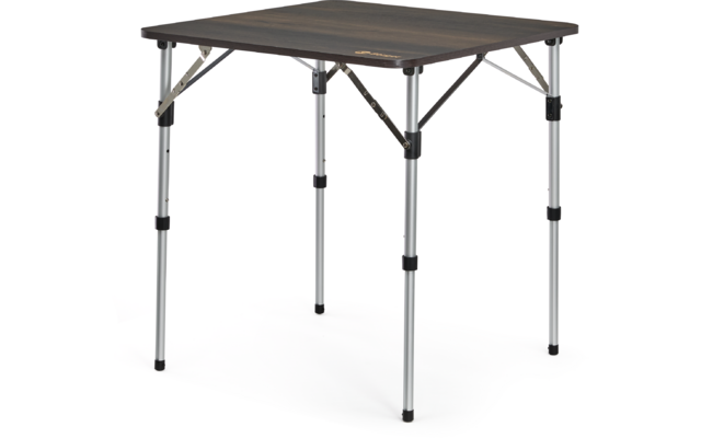 Table carrée avec plateau effet bois foncé, quatre pieds télescopiques argentés, renforts métalliques et embouts en plastique noir