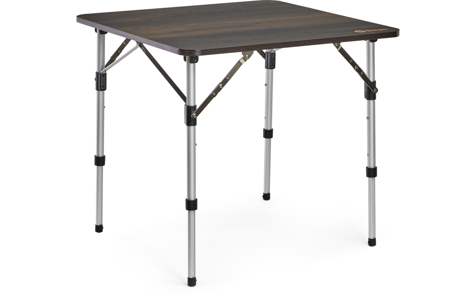 Table carrée avec plateau imitation bois foncé, quatre pieds télescopiques argentés avec raccords noirs et tirants diagonaux, embouts en caoutchouc noirs