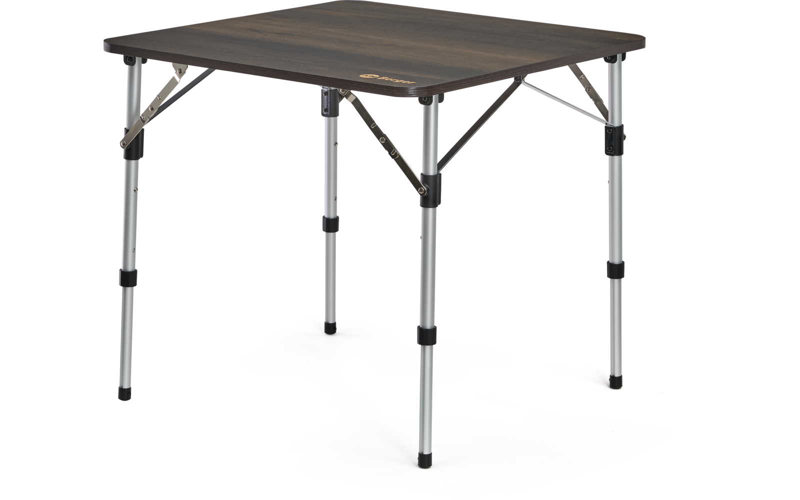 Table carrée avec plateau imitation bois foncé, quatre pieds télescopiques argentés réglables, raccords en plastique noirs et entretoises métalliques diagonales