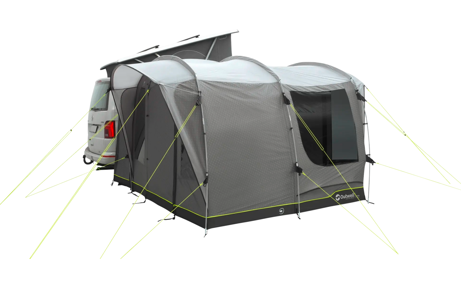 Graues Zelt mit mehreren Eingängen und leuchtend gelben Abspannseilen