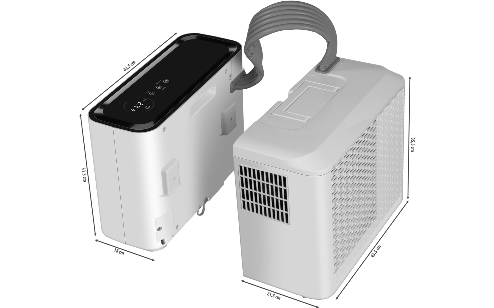 Dispositivo de refrigeración blanco con panel de control negro y conexión flexible entre dos unidades