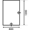 Schwarzes Rechteck mit dickem Rand. Unten mittig die Zahl "800" mit horizontalem Doppelpfeil, rechts die Zahl "1200" mit vertikalem Doppelpfeil. Zwei graue Pfeile: einer an der Unterkante zeigt nach oben, einer an der rechten Kante zeigt nach links