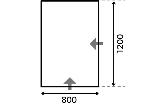 Schwarzes Rechteck mit dickem Rand. Unten mittig die Zahl "800" mit horizontalem Doppelpfeil, rechts die Zahl "1200" mit vertikalem Doppelpfeil. Zwei graue Pfeile: einer an der Unterkante zeigt nach oben, einer an der rechten Kante zeigt nach links