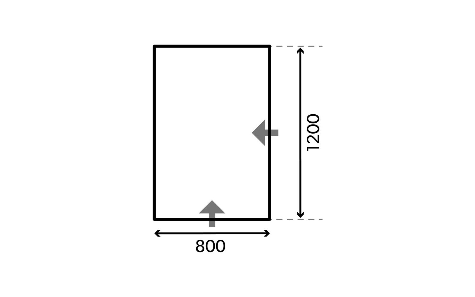 Schwarzes Rechteck mit dickem Rand. Unten mittig die Zahl "800" mit horizontalem Doppelpfeil, rechts die Zahl "1200" mit vertikalem Doppelpfeil. Zwei graue Pfeile: einer an der Unterkante zeigt nach oben, einer an der rechten Kante zeigt nach links