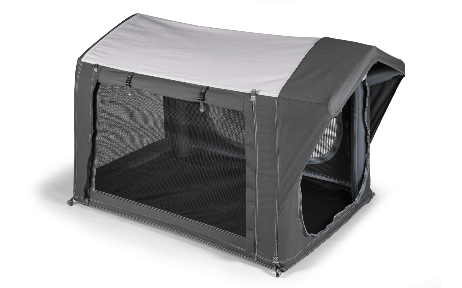 Gray rectangular fabric structure with a white roof, large front mesh window, side zipper opening, visible interior floor, and attachment clips at the corners
