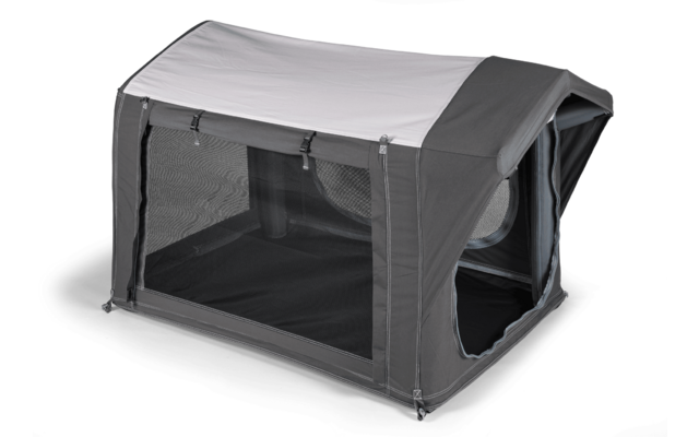 Gray rectangular fabric structure with a white roof, large front mesh window, side zipper opening, visible interior floor, and attachment clips at the corners