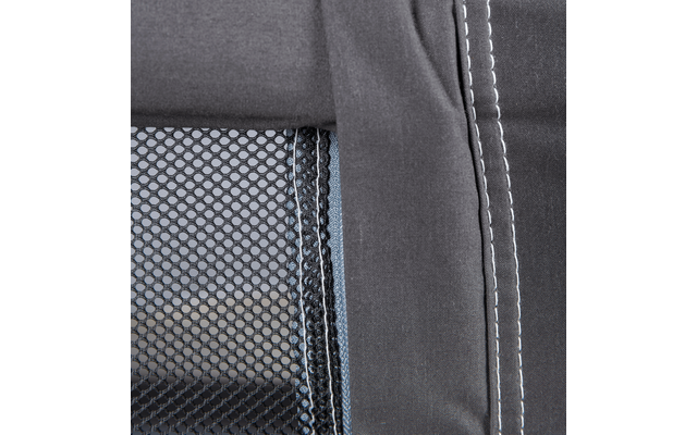 Close-up of dark fabric with white stitching and adjacent dark mesh fabric with a visible seam edge