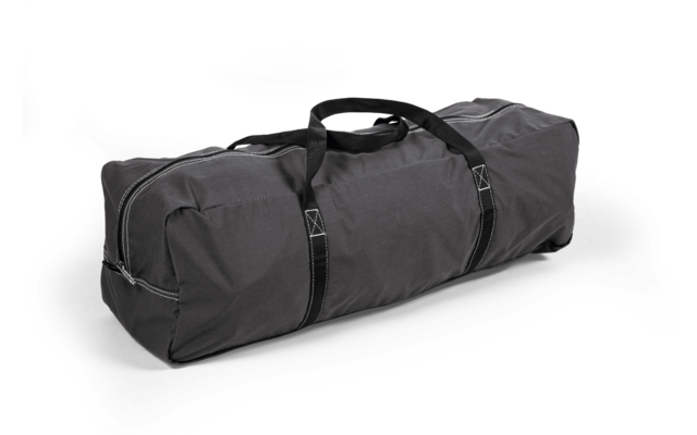 Dark gray elongated duffel bag with zipper and two carry handles on a light background
