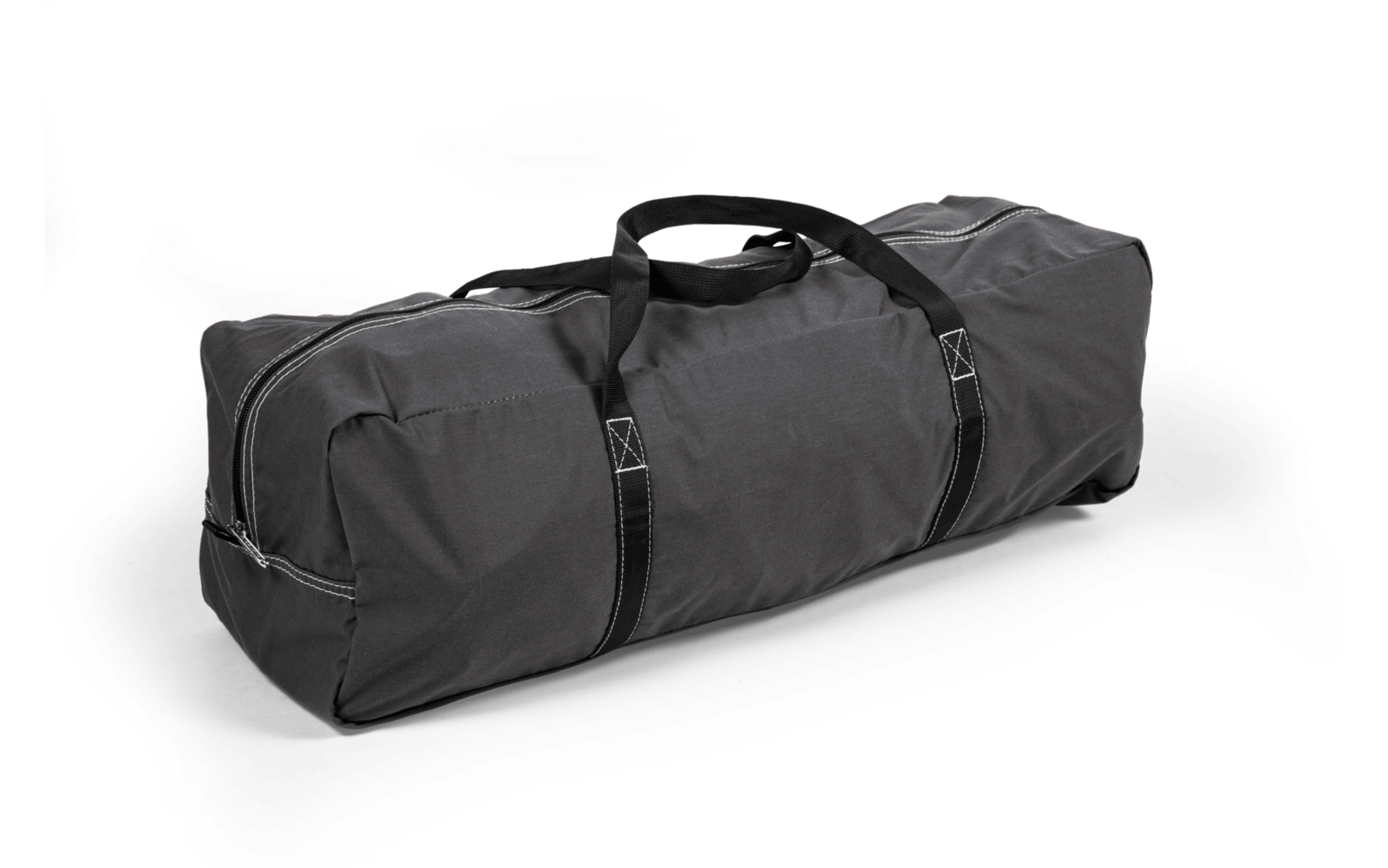 Dark gray elongated duffel bag with zipper and two carry handles on a light background