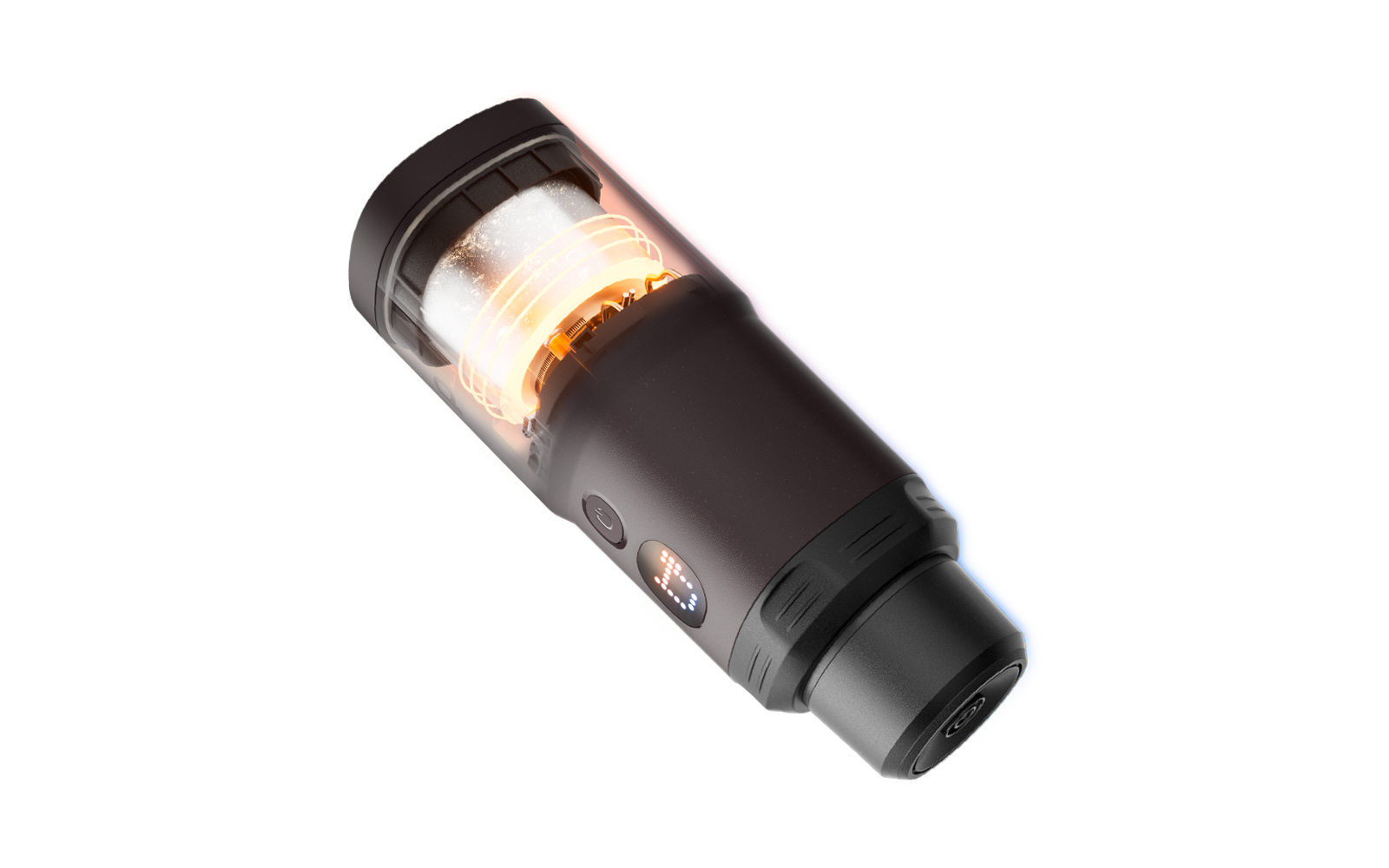 Objet cylindrique noir avec partie supérieure transparente, spirale orange lumineuse, deux boutons ronds et capuchon noir