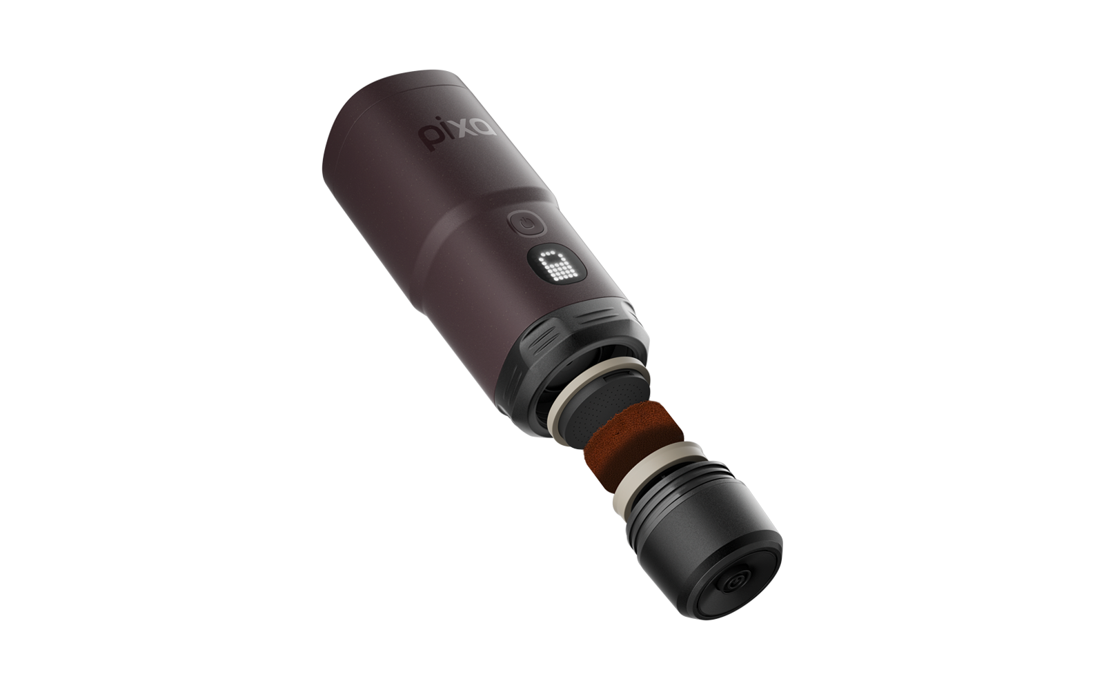 Appareil cylindrique incliné de couleur violet foncé avec fond retiré ; trois éléments d'anneau séparés et un insert circulaire marron sont disposés devant l'extrémité ouverte ; sur le boîtier un petit champ LED carré et un bouton rond ; la pièce détachée montre une lentille ronde ou une ouverture