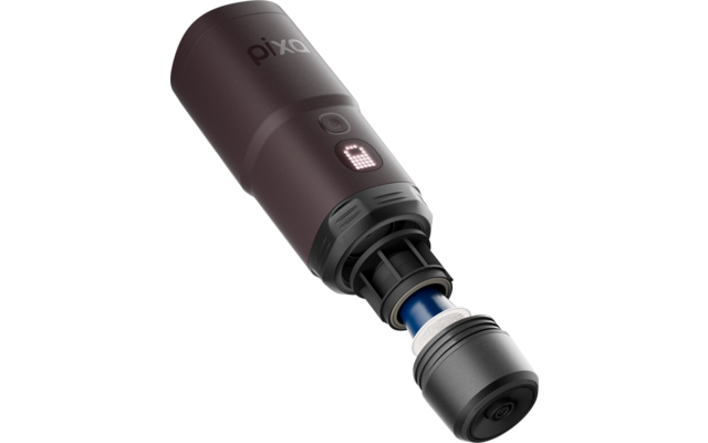 Appareil cylindrique violet foncé, embout avant retiré montrant un axe intérieur bleu et un joint blanc; boîtier avec bouton rond et icône de verrouillage illuminée