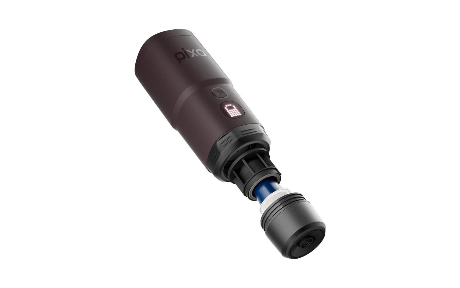 Appareil cylindrique violet foncé, embout avant retiré montrant un axe intérieur bleu et un joint blanc; boîtier avec bouton rond et icône de verrouillage illuminée